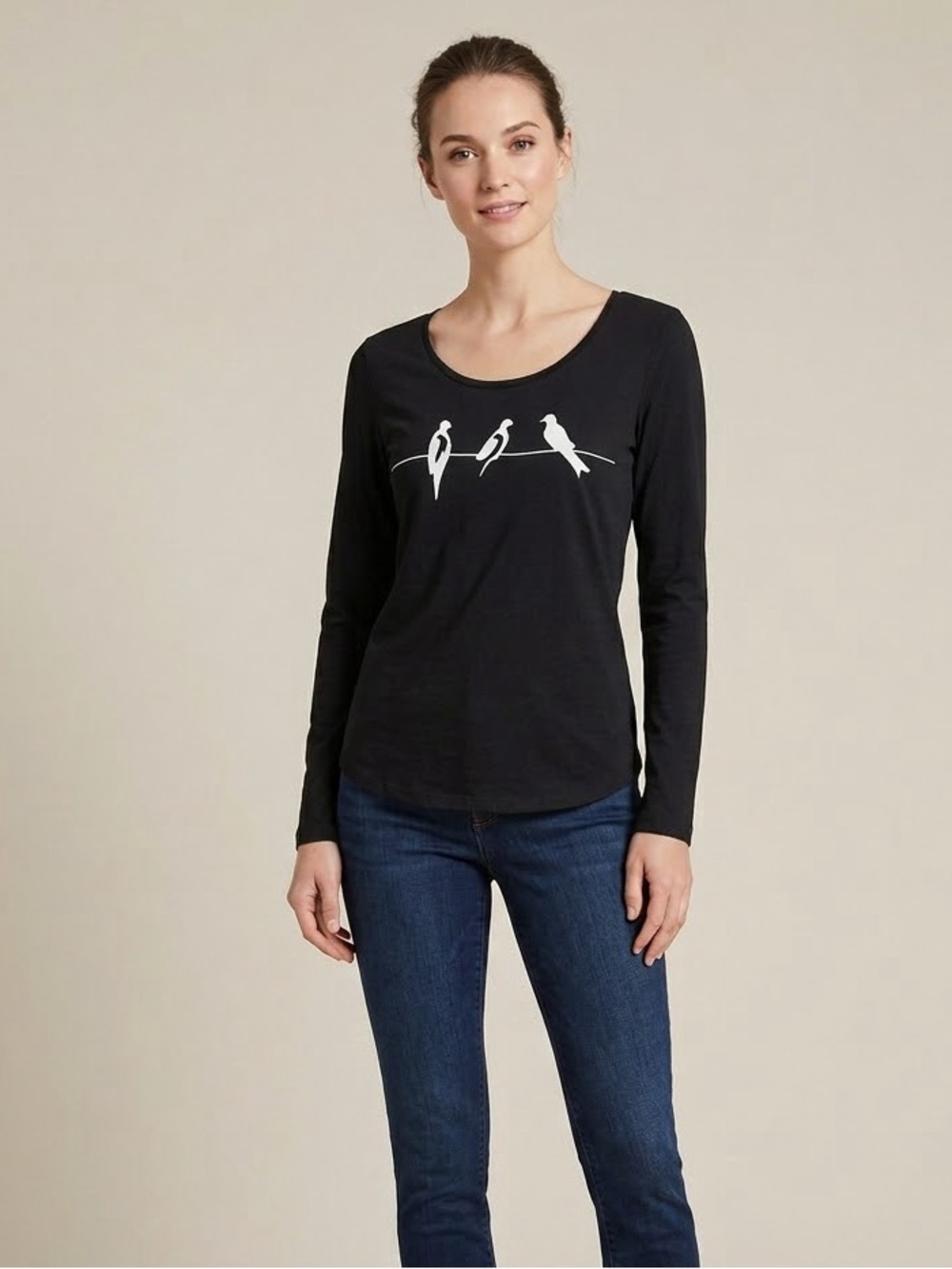 Ann Taylor Women's Navy Long-Sleeve Birds On A Wire Graphic Tee Size Small